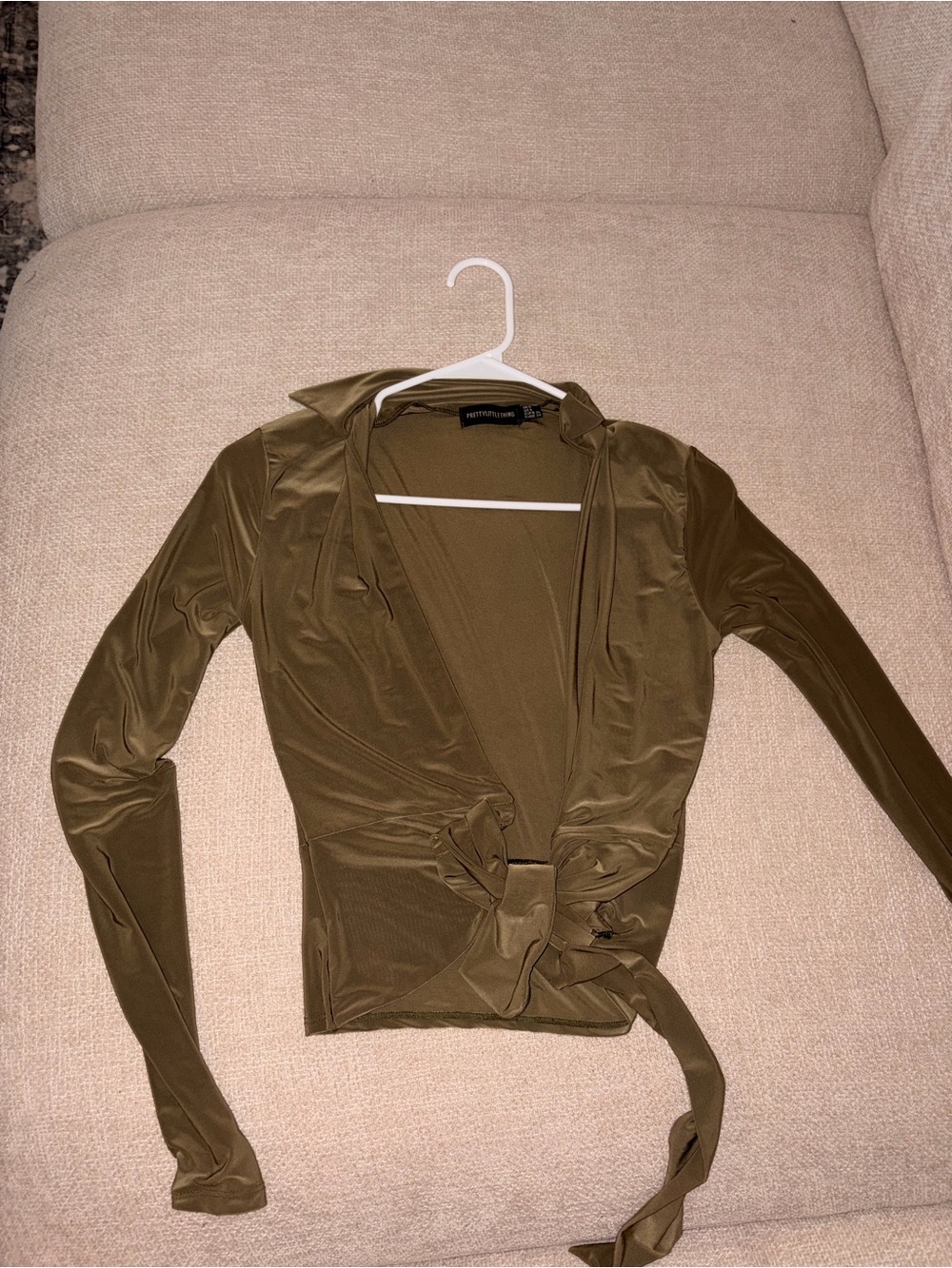 PrettyLittleThing Olive Green Wrap Tie-Front Button Down Top